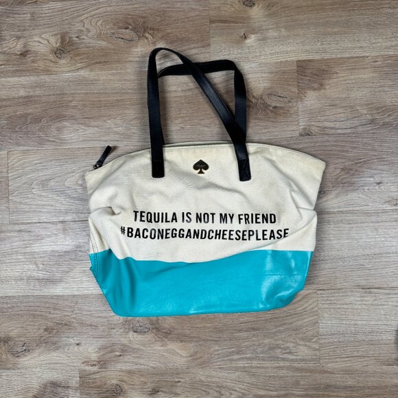 Kate Spade Tequila is Not My Friend Bacon Egg and Cheese Please Purse Tote Teal - Picture 5 of 16